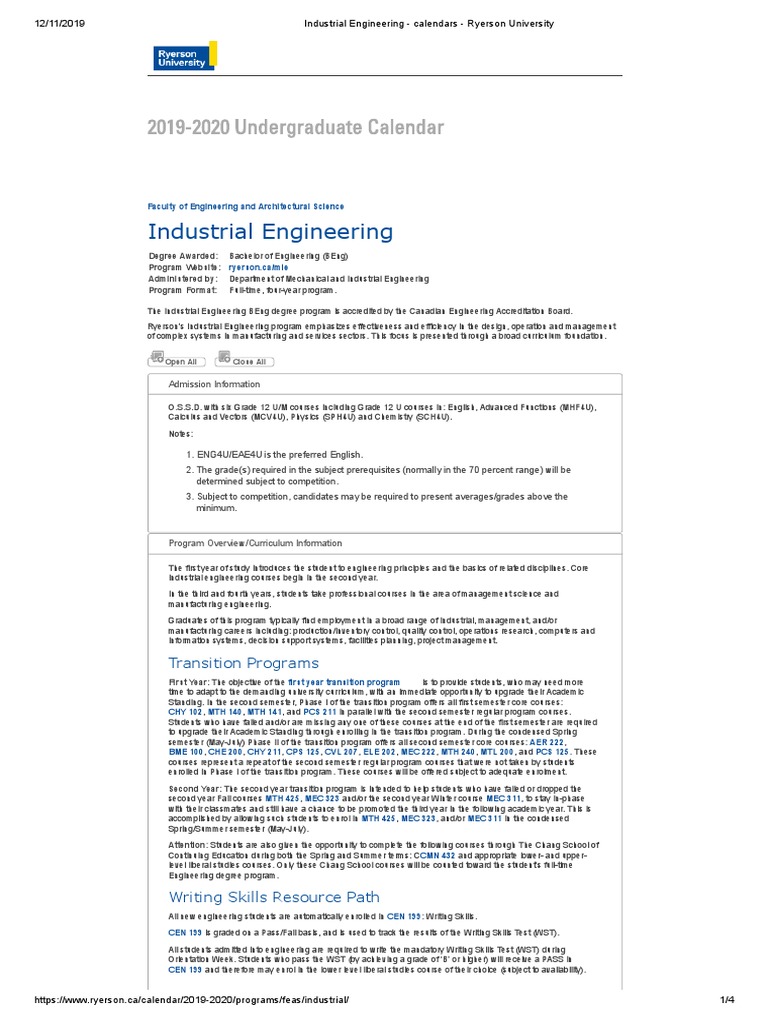 Industrial Engineering Calendars Ryerson University PDF