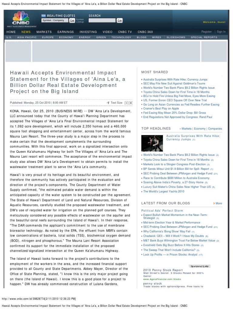 Hawaii Accepts Environmental Impact Statement For The Villages of 'Aina