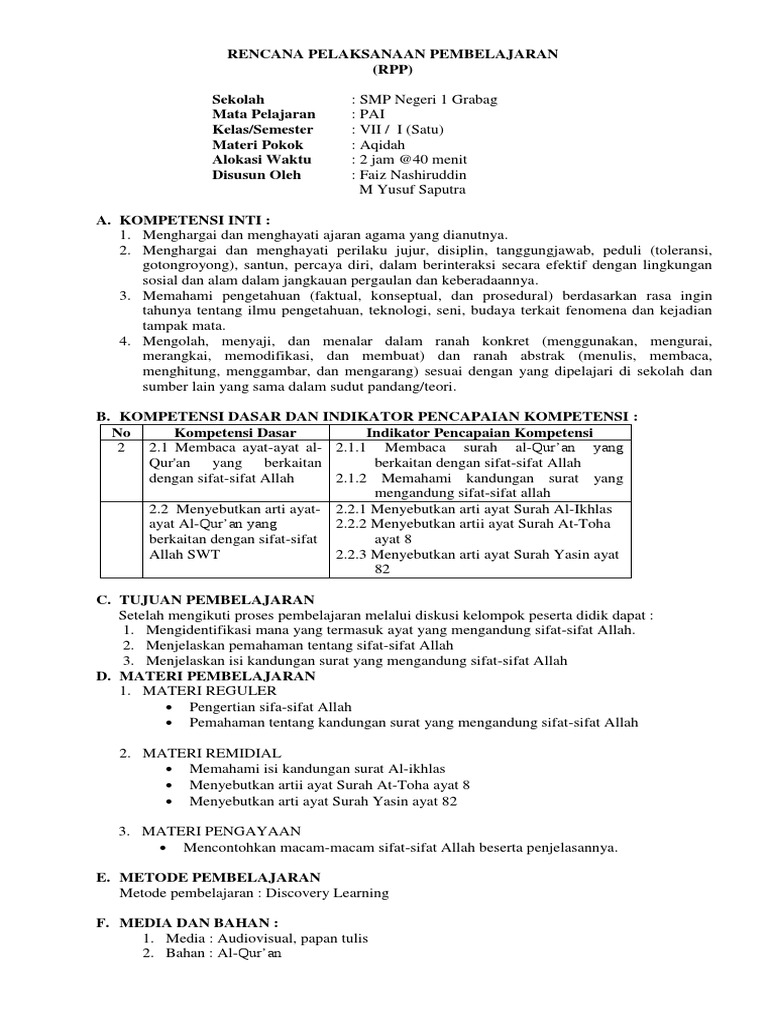 RPP PAI Kelas VII: Sifat-sifat Allah | PDF | Pengembangan Diri | Sains ...