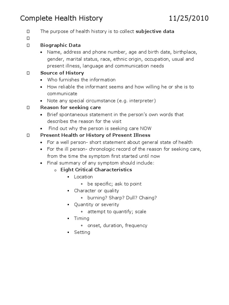 Assessment Complete Health History