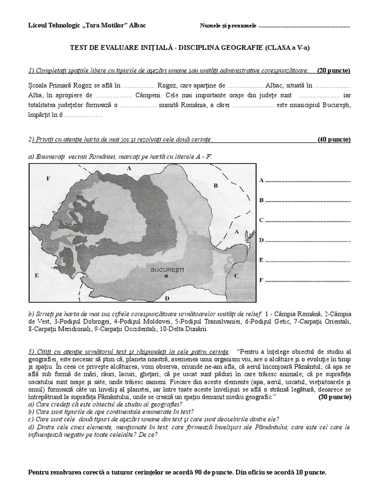 Test Initial Geografie Si Barem Cls V | PDF