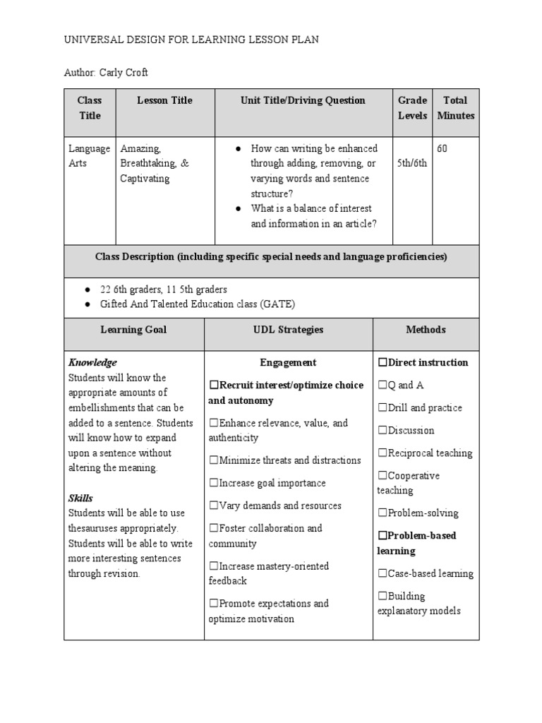 Udl Lesson - 5th 6th Ela | PDF | Lesson Plan | Neuropsychology