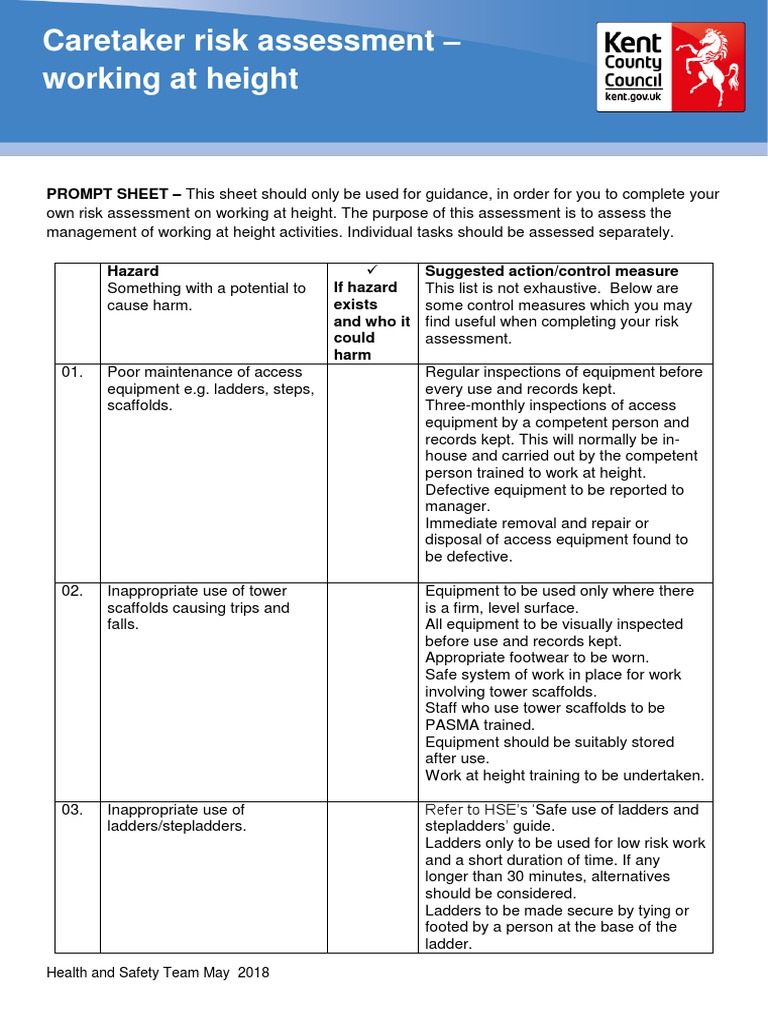Caretaker Risk Assessment Working At Height Pdf Personal Protective Equipment Risk