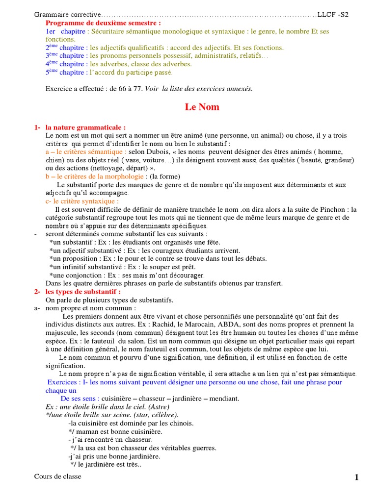 Exercice Classe Grammaticale 5ème Pdf Cours Actuel Grammaire Corrective | PDF | Nom (grammaire) | Genre  grammatical