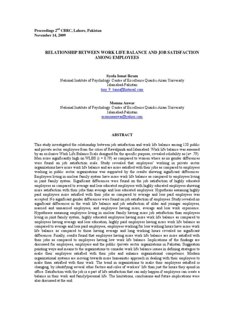 Relationship Between Work Life Balance and Job Satisfaction Among ...