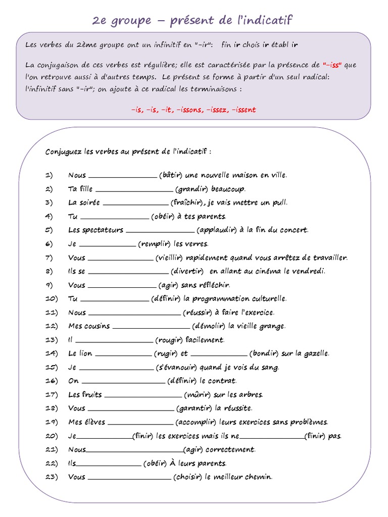 Exercices Présent De L indicatif 6ème à Imprimer Present de Lindicatif 2e Groupe Verbes Issant Exercice Grammatical Feuille  Dexercices 49593 | PDF | Verbe | Relations syntaxiques