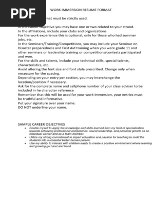 Work Immersion Resume Format