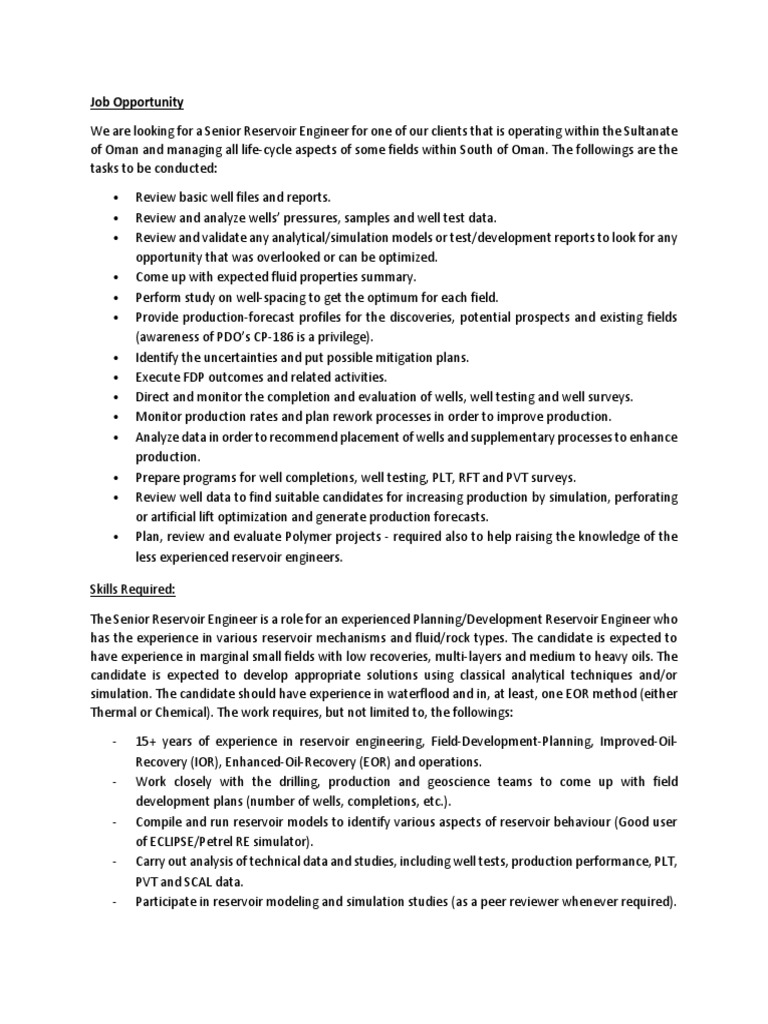 Job Opportunity Senior Reservoir Engineer, Oman Download Free PDF