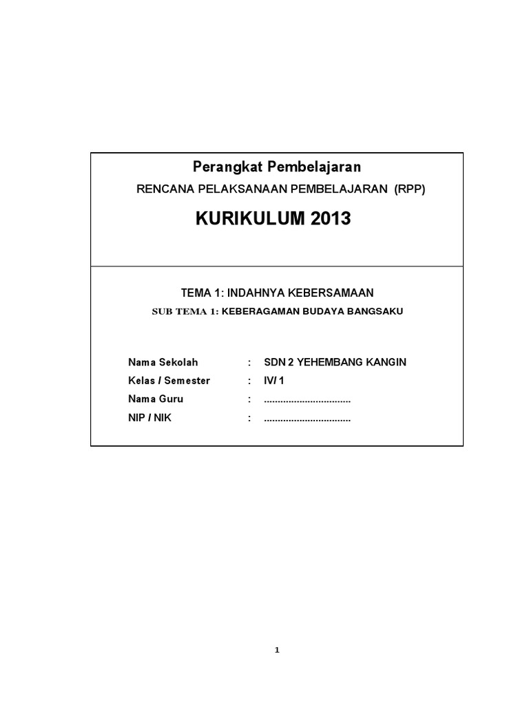 Rpp Kelas 4 Tema 1 Pdf