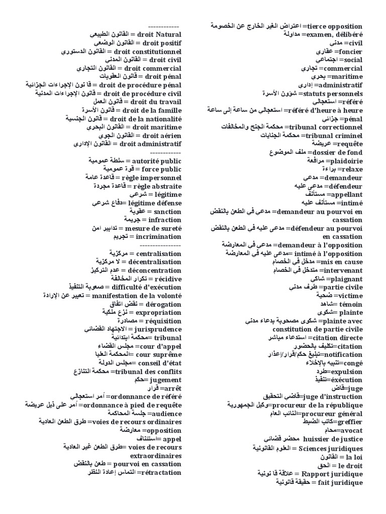 Terminologie Juridique Arabe Francais Loi Criminelle Sphere Publique