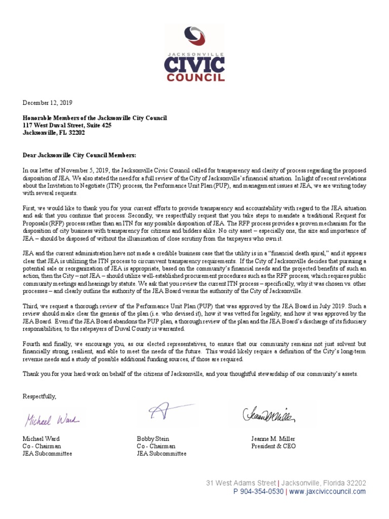 Jacksonville Civic Council Letter to City Council Request For