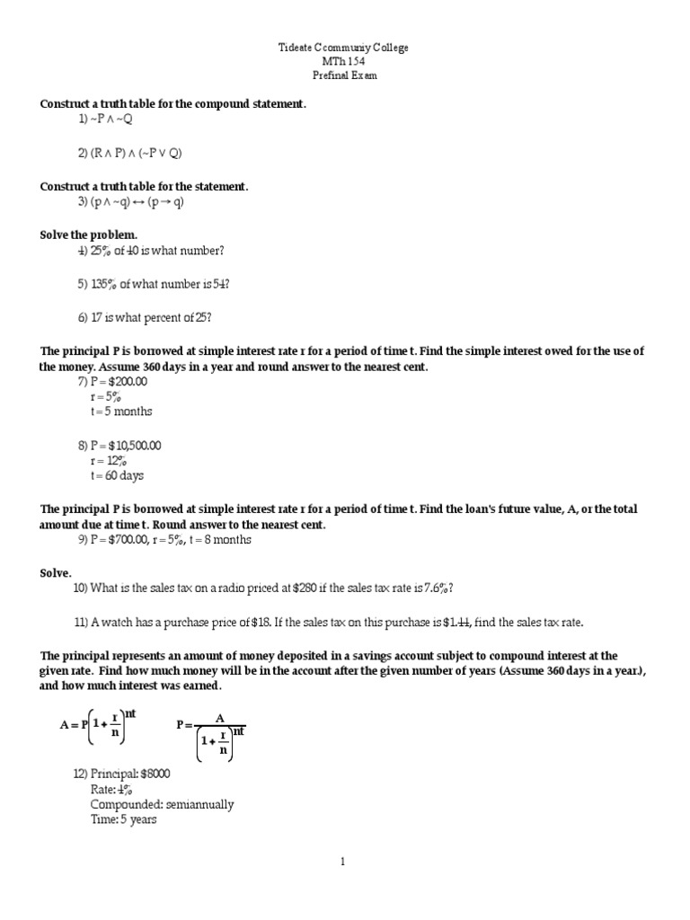 MTH 154 Mock Final Exam Review | PDF | Interest | Economies