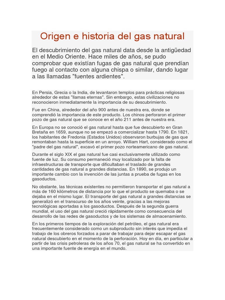 Origen e historia del gas natural | PDF | Gas natural | Combustibles