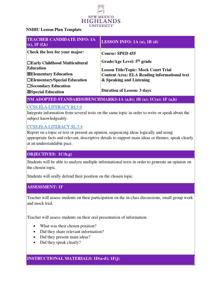 Sped 455 Lesson Plan PDF Individualized Education Program Lesson Plan