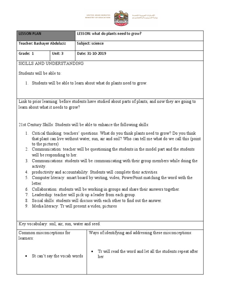 What Do Plants Need To Grow Lesson Plan 21 PDF Lesson Plan Literacy