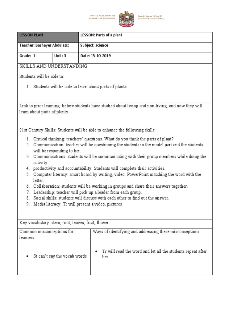 Grade 1 Lesson Plan: Plant Parts | PDF | Lesson Plan | Teaching