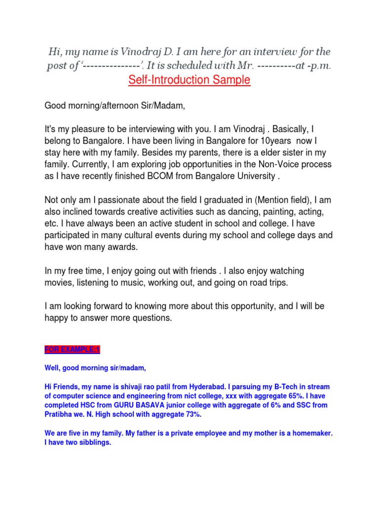 Self-Introduction Sample | Download Free PDF | Teachers | Psychological ...
