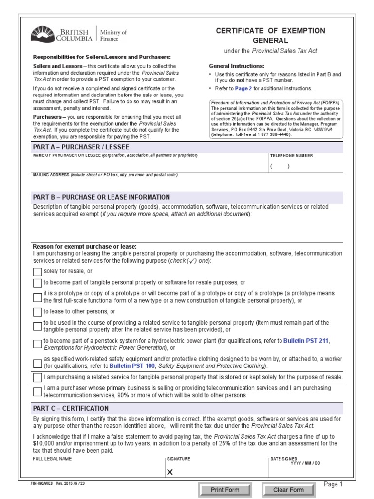 PST Exemption Certificate Guide | PDF | Sales Tax | Sales Taxes In The ...