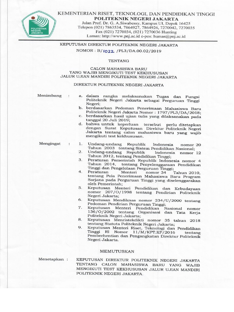 B 1022 Pl3 Da 00 02 2019 Sk Calon Mahasiswa Baru Yang Wajib Mengikuti Tes Kekhususan Jalur Ujian Mandiri Pnj