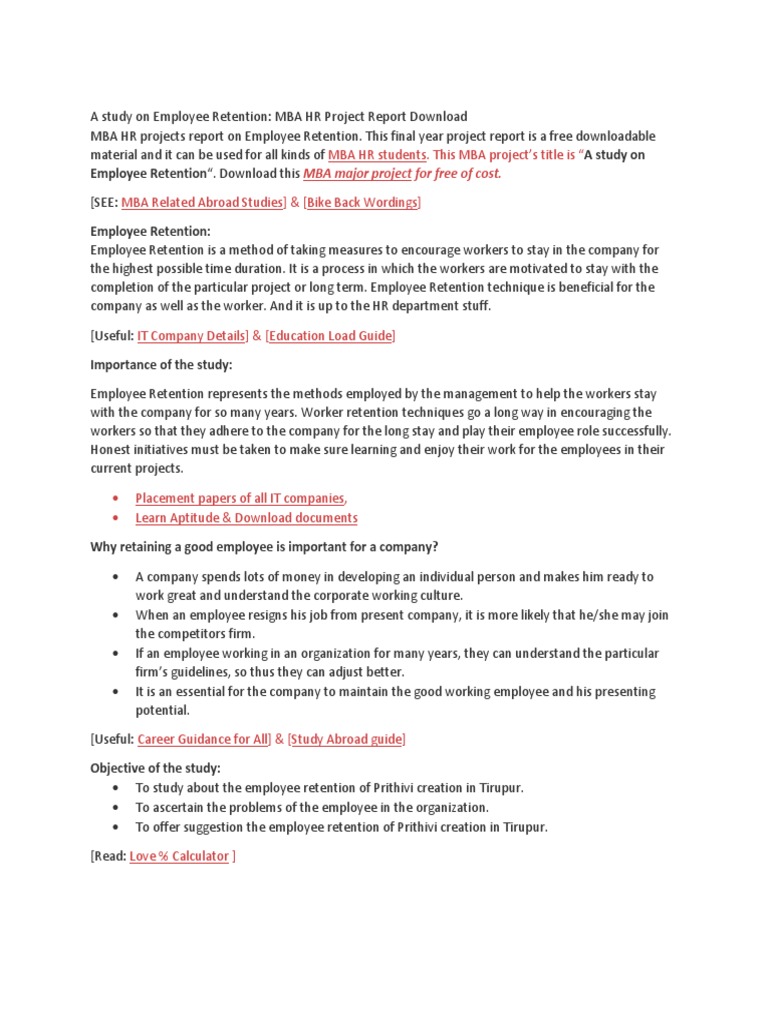 MBA Project on Employee Retention | PDF | Employee Retention | Employment