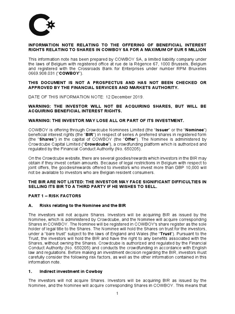 Cowboy Crowdcube Information Note 12-12-2019 | PDF | Preferred Stock ...