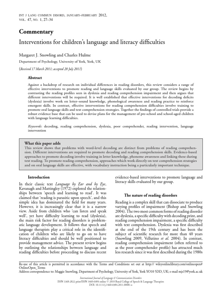 Interventions For Childrens Language and Literacy Difficulties PDF