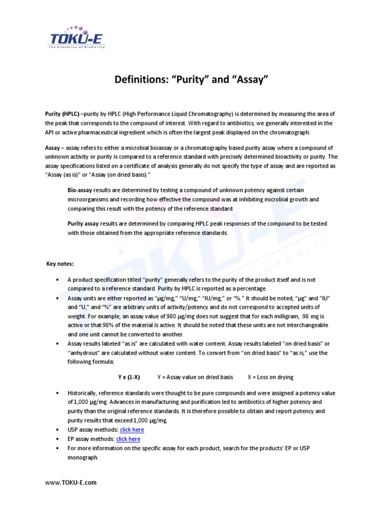 Purity Vs Assay PDF High Performance Liquid Chromatography Bioassay