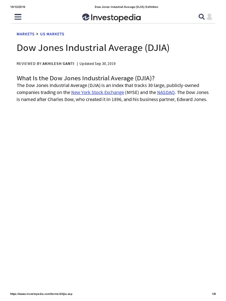 Dow Jones Industrial Average (DJIA) Definition | PDF | Dow Jones