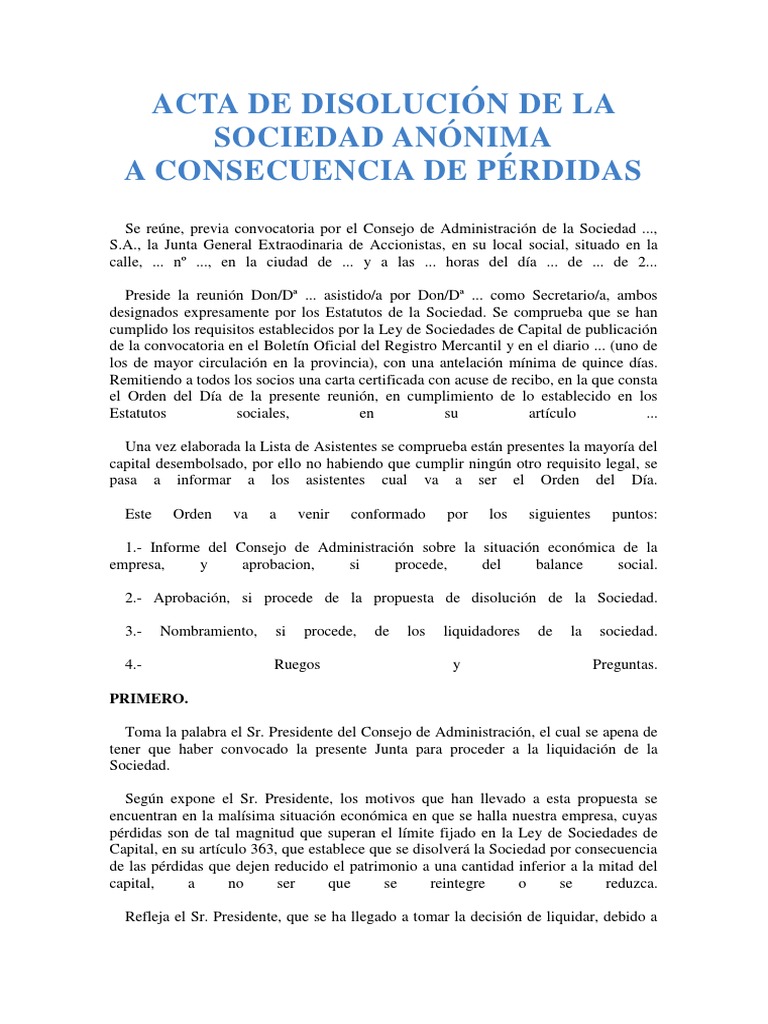 Acta de Disolución de La Sociedad Anónima | PDF | Sociedad de  responsabilidad limitada | Conceptos legales
