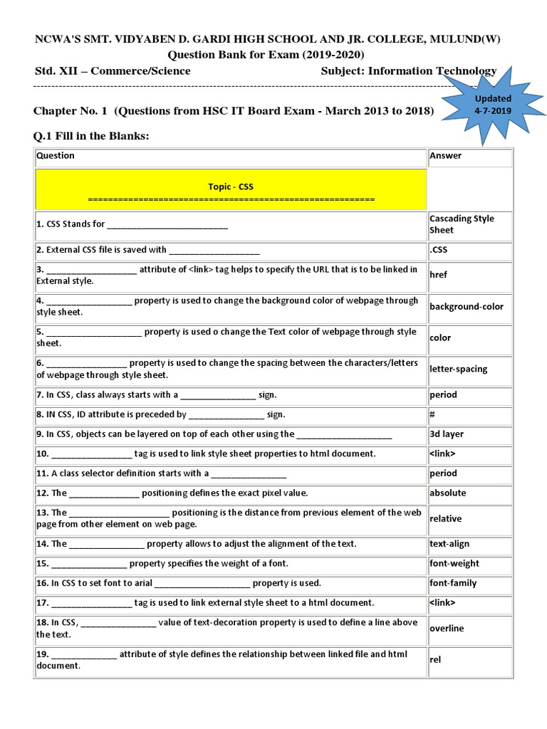 HSC IT Exam Question Bank 2019-2020 | PDF | Html Element | Cascading ...