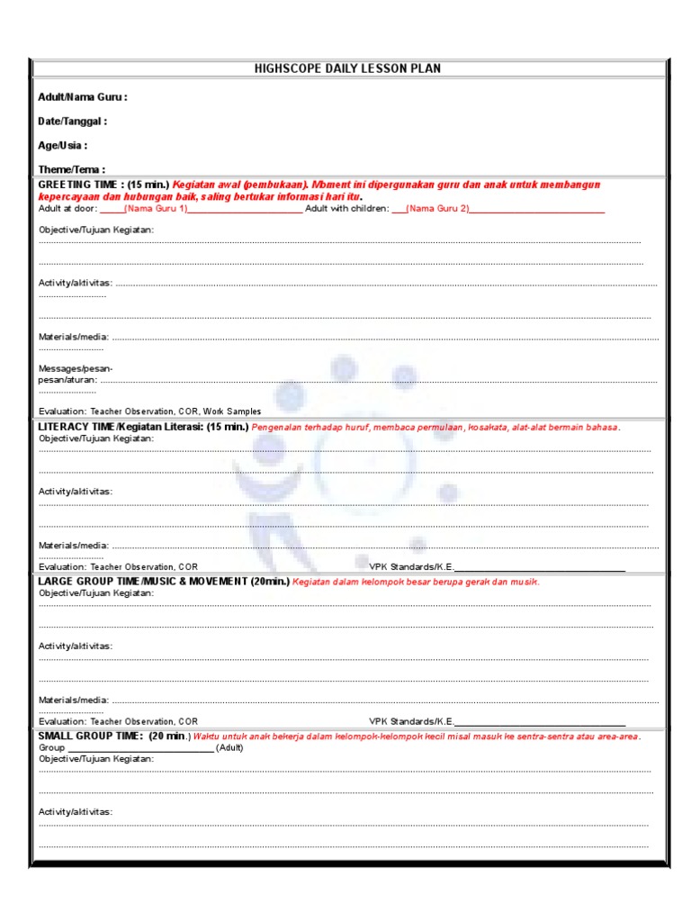 High Scope Preschool Lesson Plan SAMPLE HIGHSCOPE PRESCHOOL DAILY PLAN