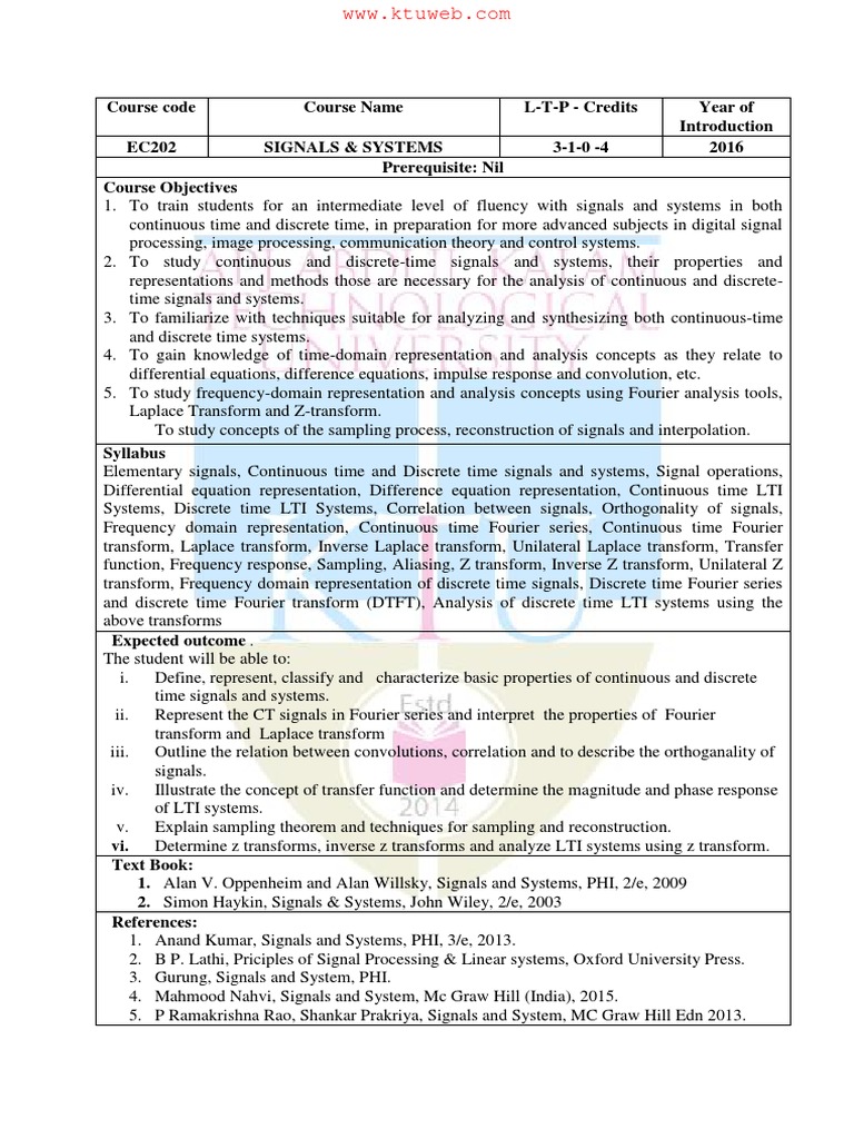 Signals and Systems Course Syllabus: An Overview of Course Objectives ...
