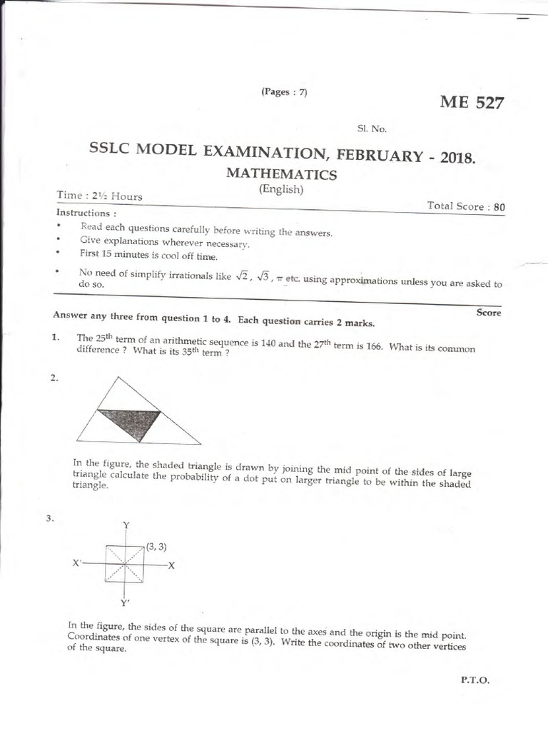SSLC Model Exam February 2018 Question Paper Maths - English Medium | PDF