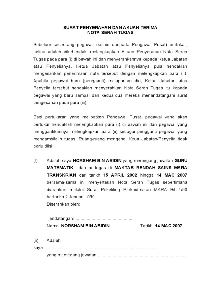 Contoh Surat Serah Tugas Guru Letter 7saudara Com