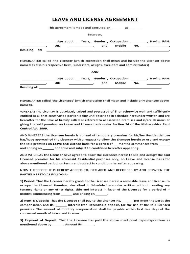 LEAVE AND LICENSE AGREEMENT New PDF License Landlord