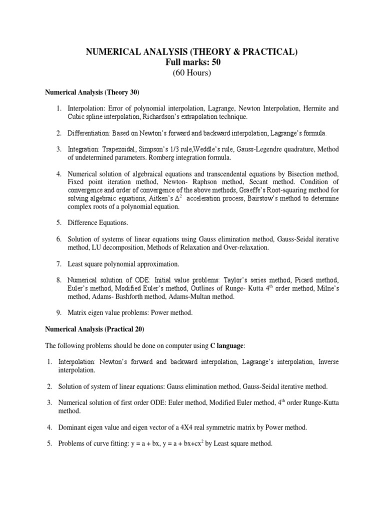 Syllabus For Numerical Analysis (Theory and Practical) PDF
