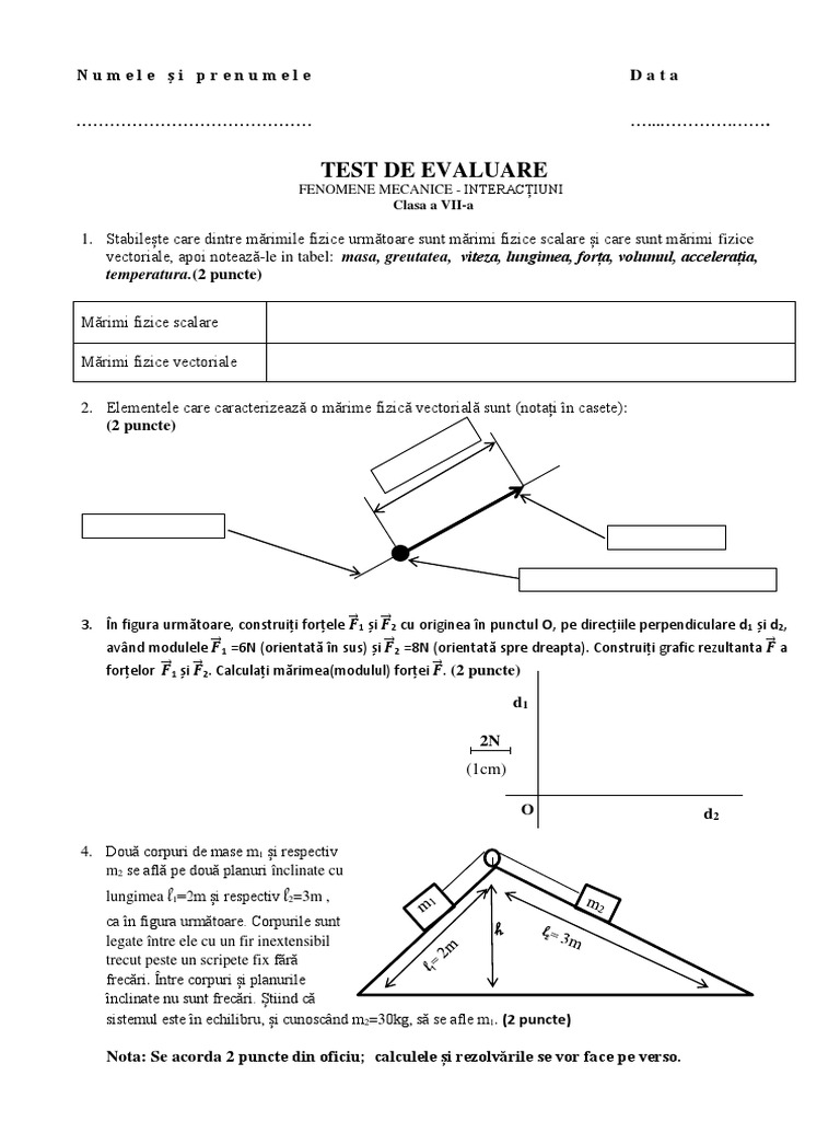 Test Fizica Clasa 7 Marimi Vectoriale