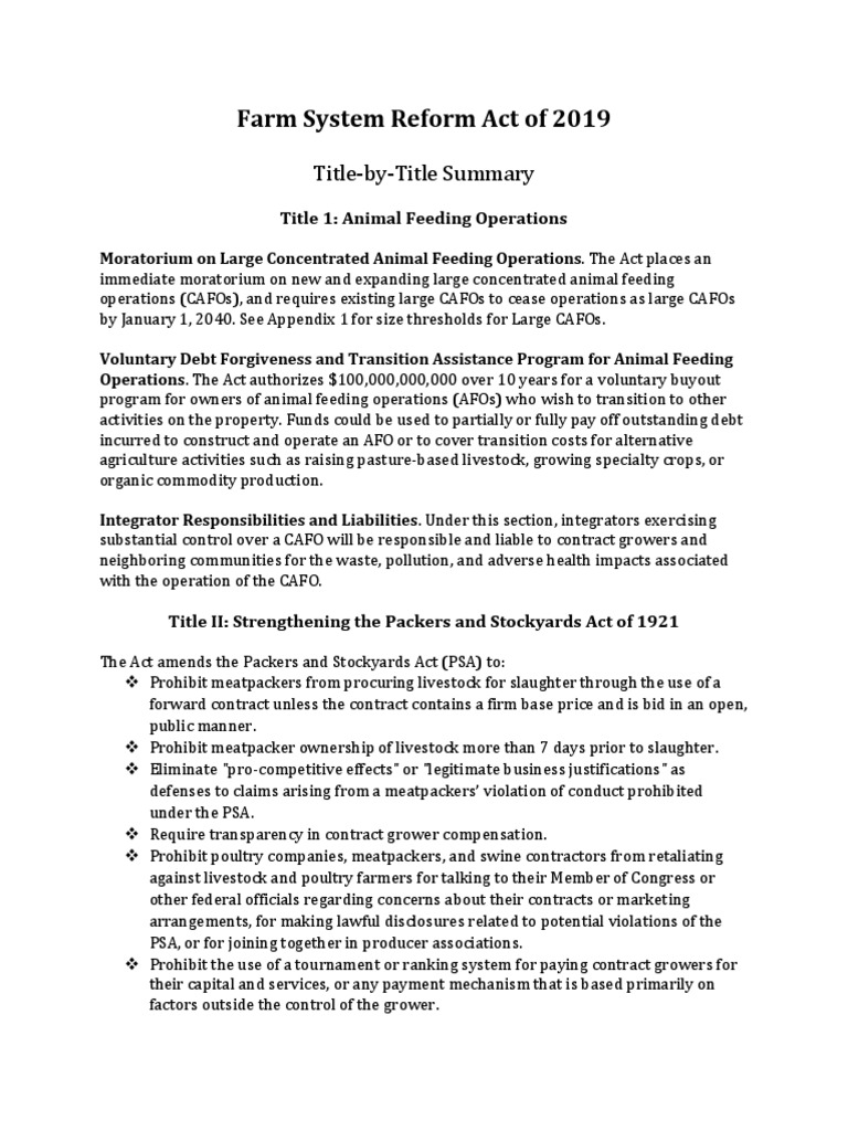 Section by Section Summary Farm System Reform Act Calf Cattle