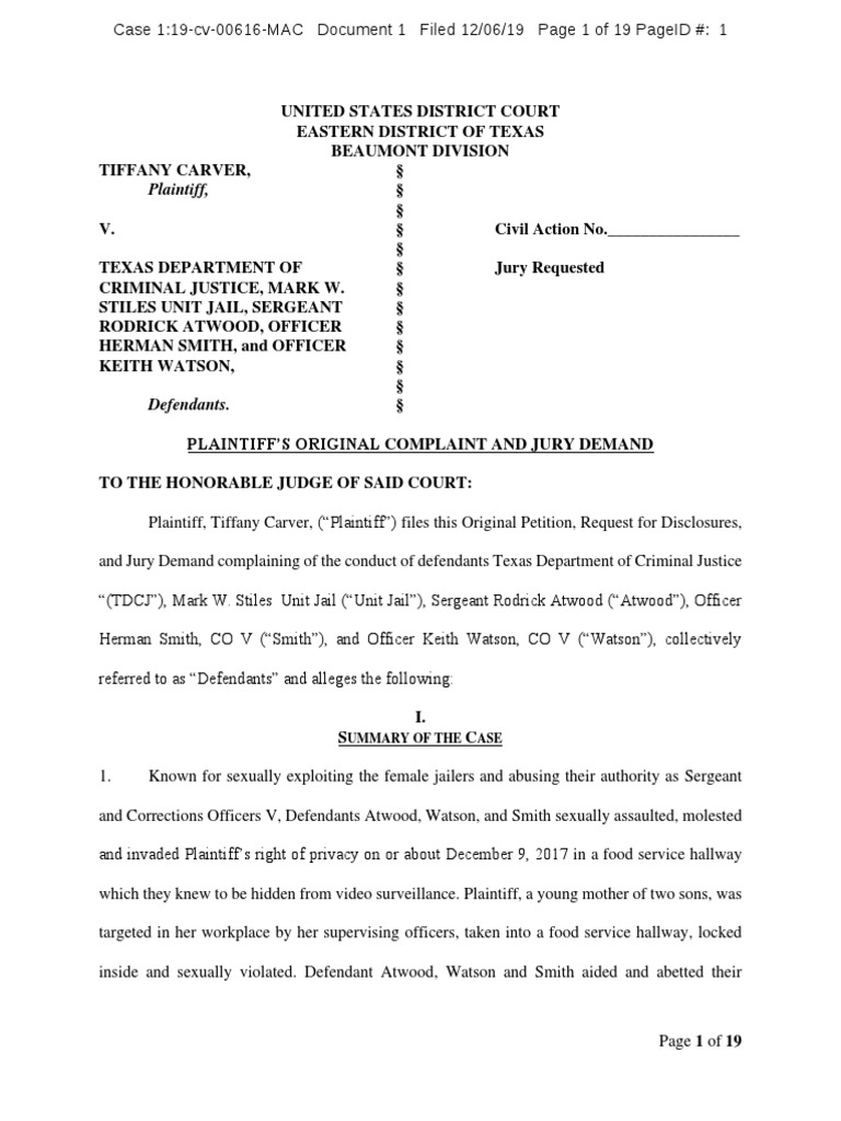 Tiffany Carver TDCJ Complaint PDF Damages Negligence picture