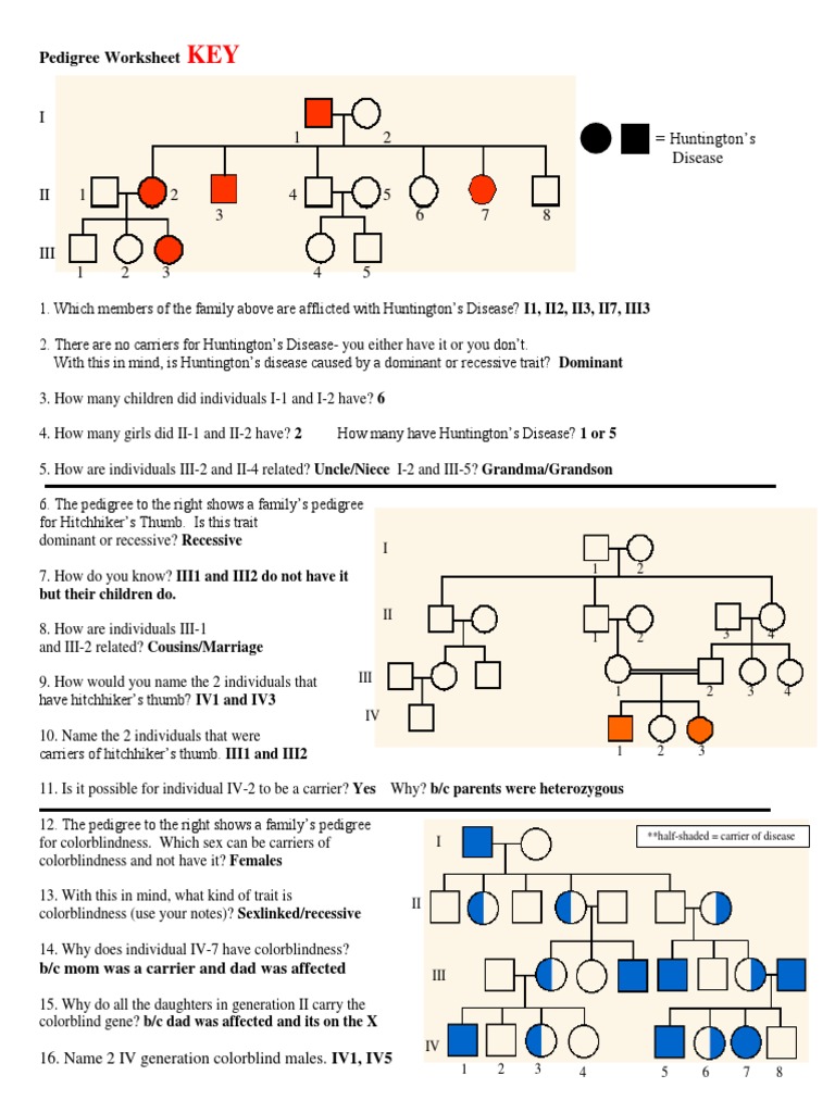 Pedigree Worksheet Answer Key  PDF   Dominance (Genetics With Pedigree Worksheet Answer Key