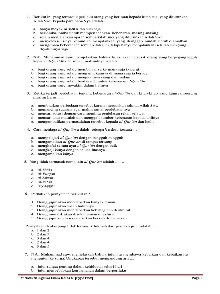 Soal Pai Kls Xi Ganjil 2019 Docx