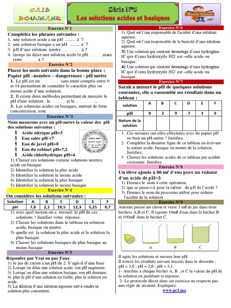 Solution Acide Et Basique 3ème Exercice Corrigé B 97 BB 397643 A 68 D | PDF | Ph | Acide