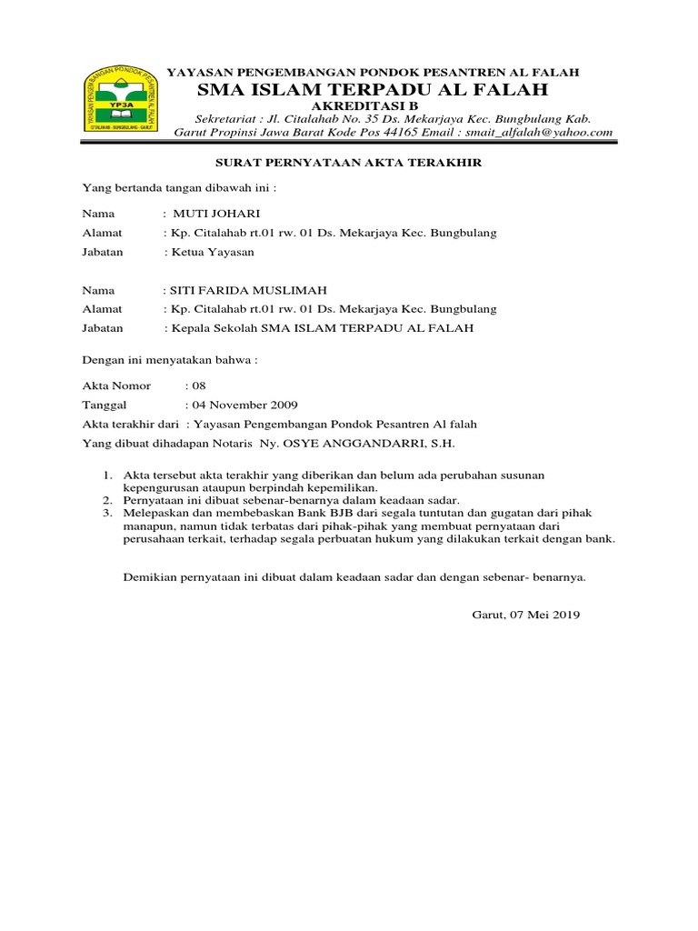 Surat Pernyataan Akta Terakhir