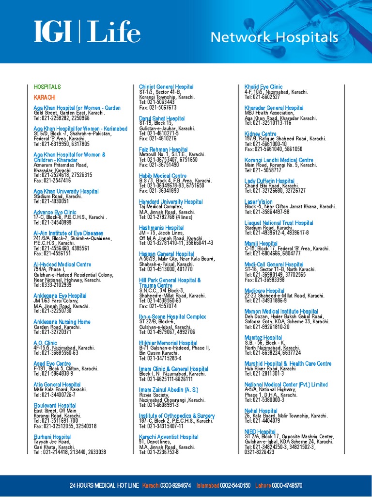 IGI Panel Hospital List PDF Lahore Islamabad