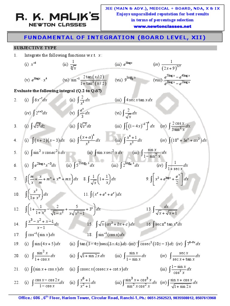 Integration Important Questions Pdf Trigonometric Functions Calculus