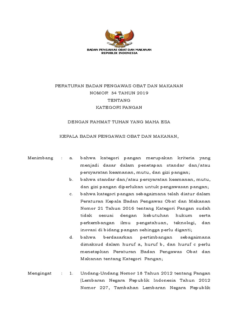PerBPOM Nomor 34 Tahun 2019 Kategori Pangan PDF