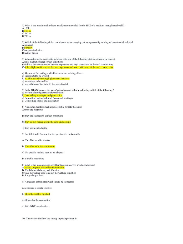 Welding Exam Questions Covering a Wide Range of Welding Topics PDF