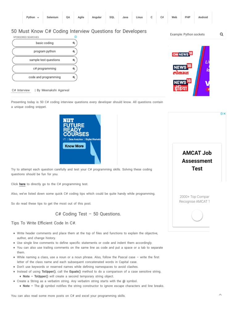 50 C# Coding Interview Questions Every Developer Should Know. | PDF | C ...