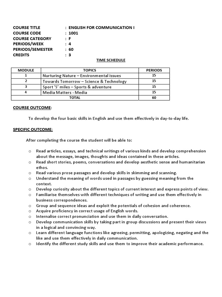 English for Communication I Course Guide | PDF | English Language ...