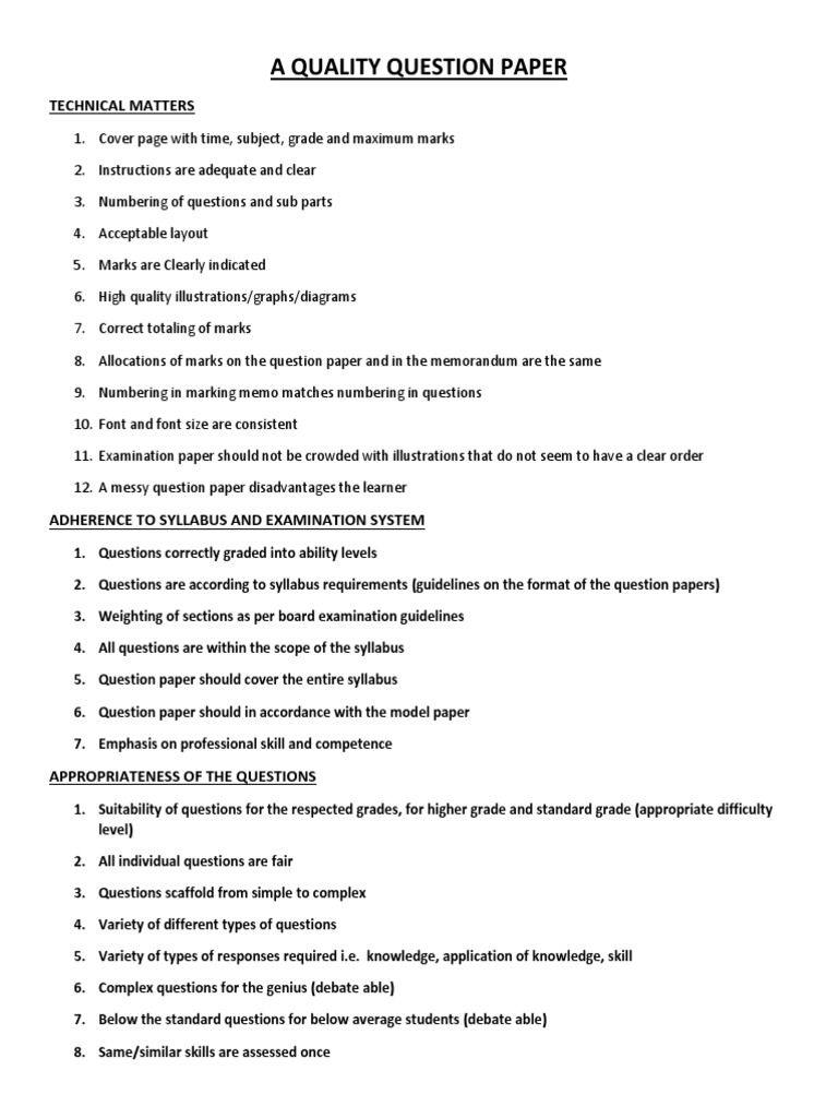 Quality Standards for Exam Question Papers | PDF | Standardized Tests ...